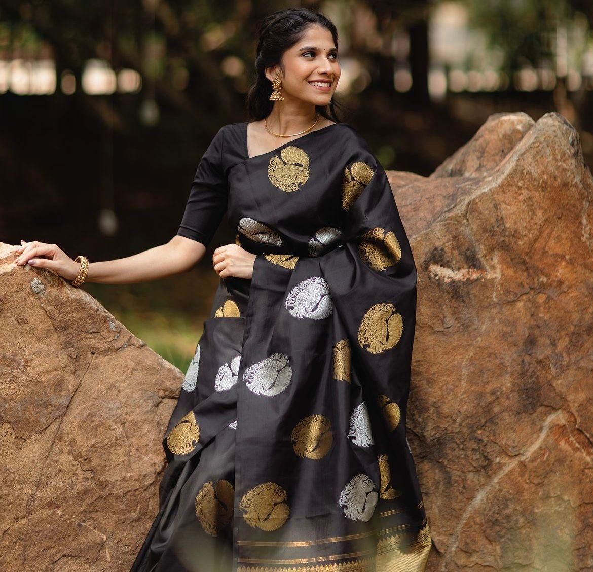 Women's Jacquard Silk Saree - Timeless Black Elegance for Every Occasion